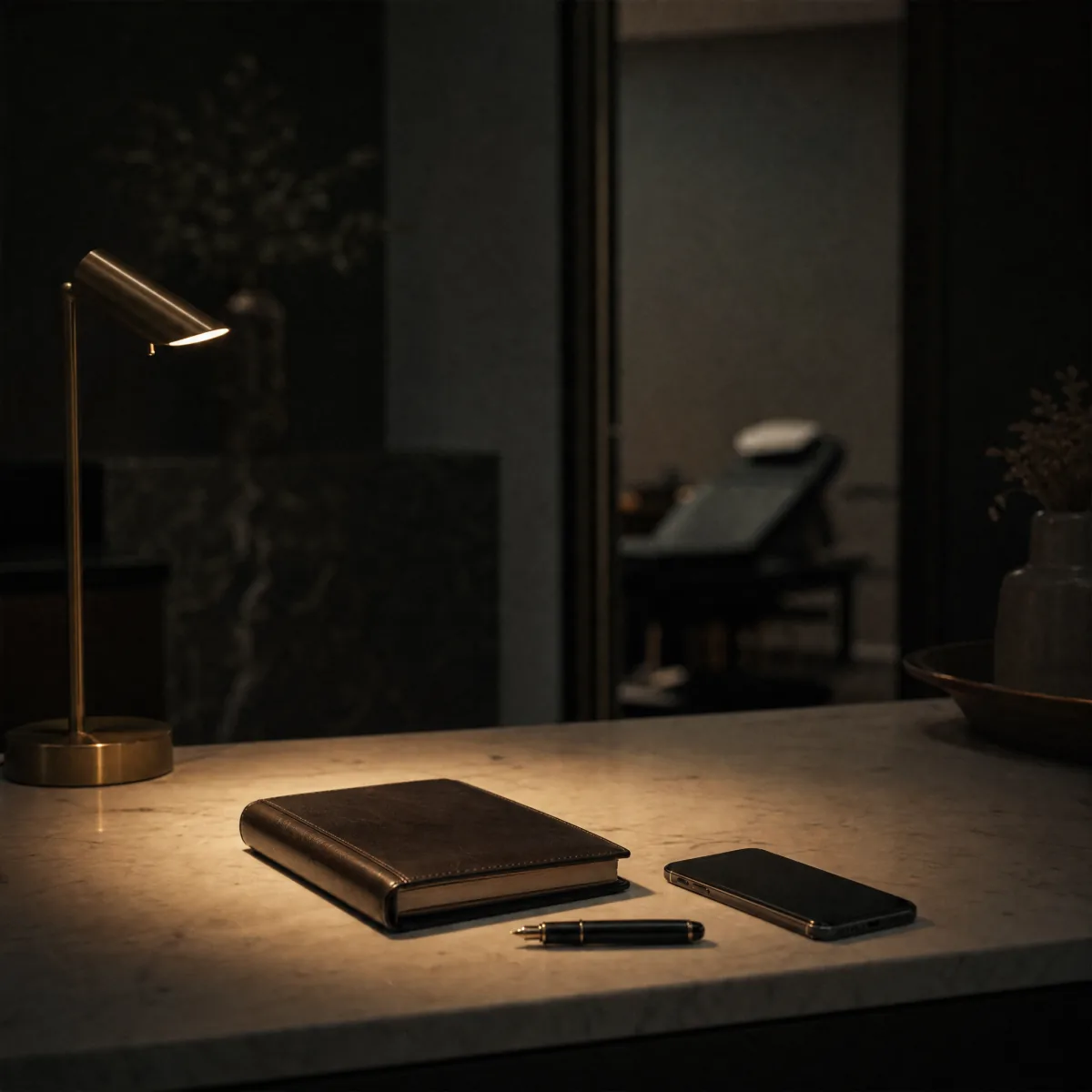 A closed appointment book and a face-down phone on a marble counter in a darkened clinic reception, lit by one small lamp