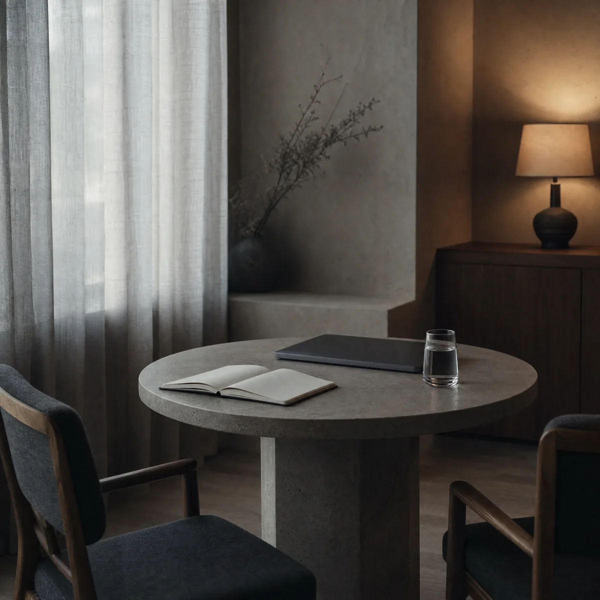Two chairs and a low table in a quiet consultation corner of a med spa, lit by a window