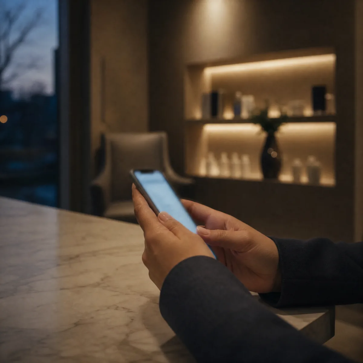 Hands holding a phone above a marble reception counter in a dimly lit clinic, the screen out of focus