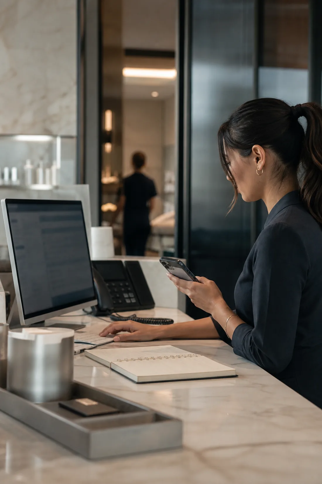 A patient coordinator at a marble front desk answering an inquiry on her phone while the booking screen sits open beside her