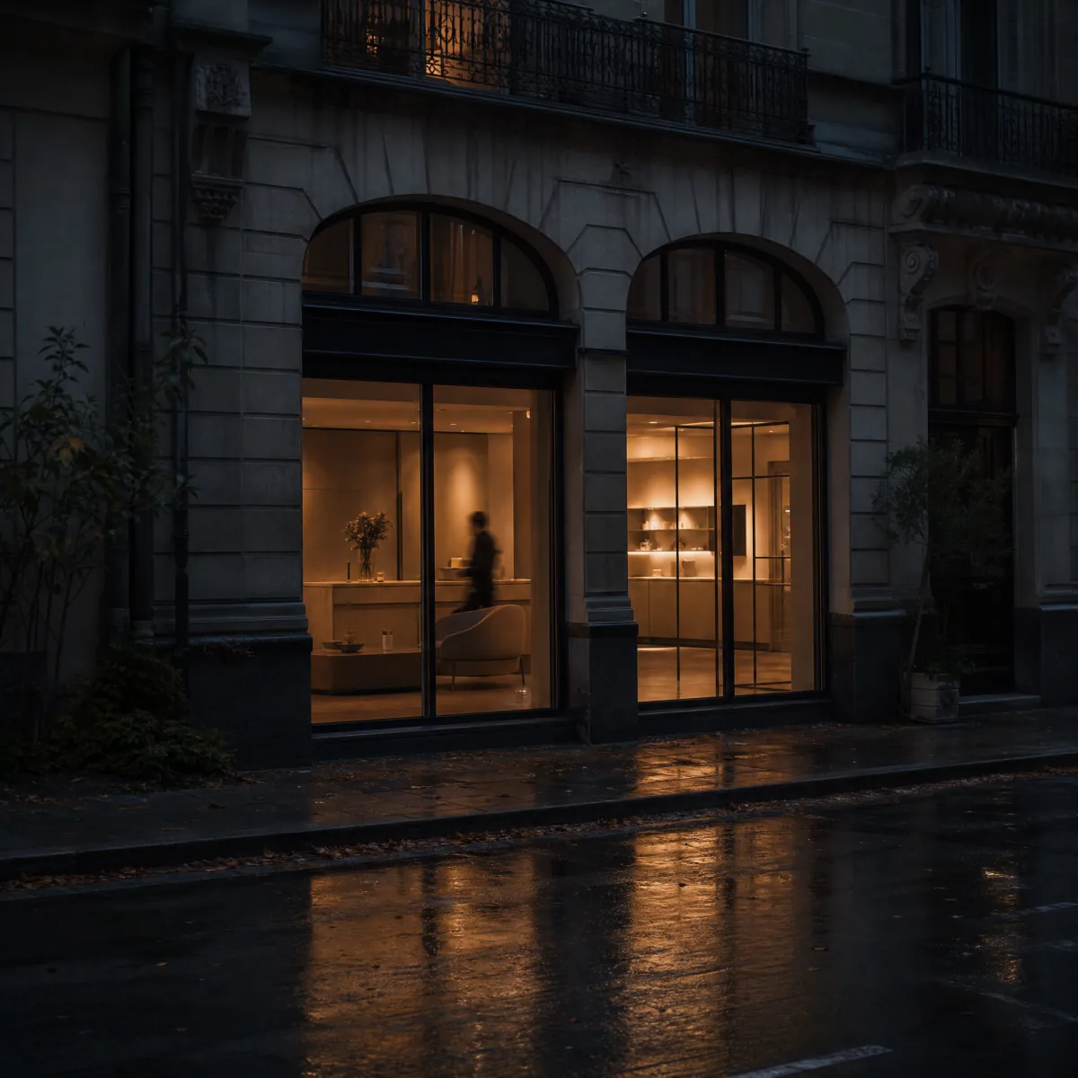 A med spa storefront at dusk seen from across a wet street, warm light spilling from the windows onto the pavement