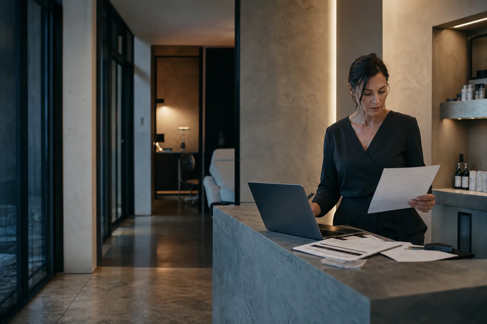 A med spa owner standing at the reception counter after hours, reading a printed page beside her laptop