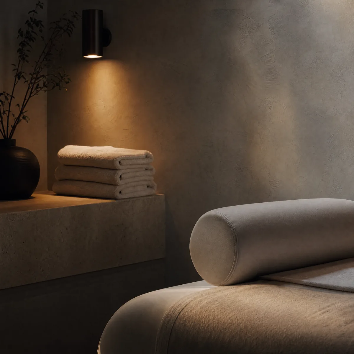 A treatment bed corner in low warm light, folded towels stacked on a stone ledge